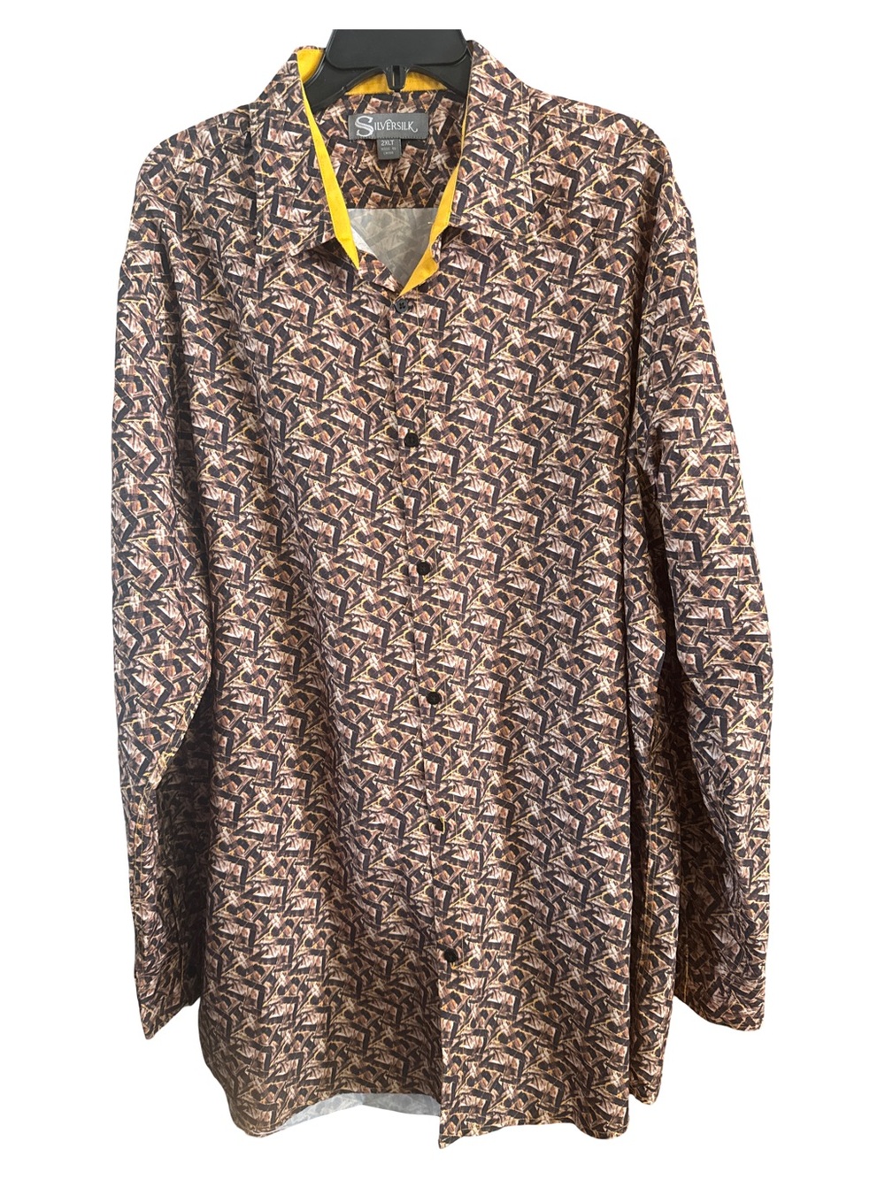 Silversilk Brown Geometric Button-Down with Yellow Trim